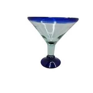 vintage large hand blown art glass cobalt blue rim margarita glass